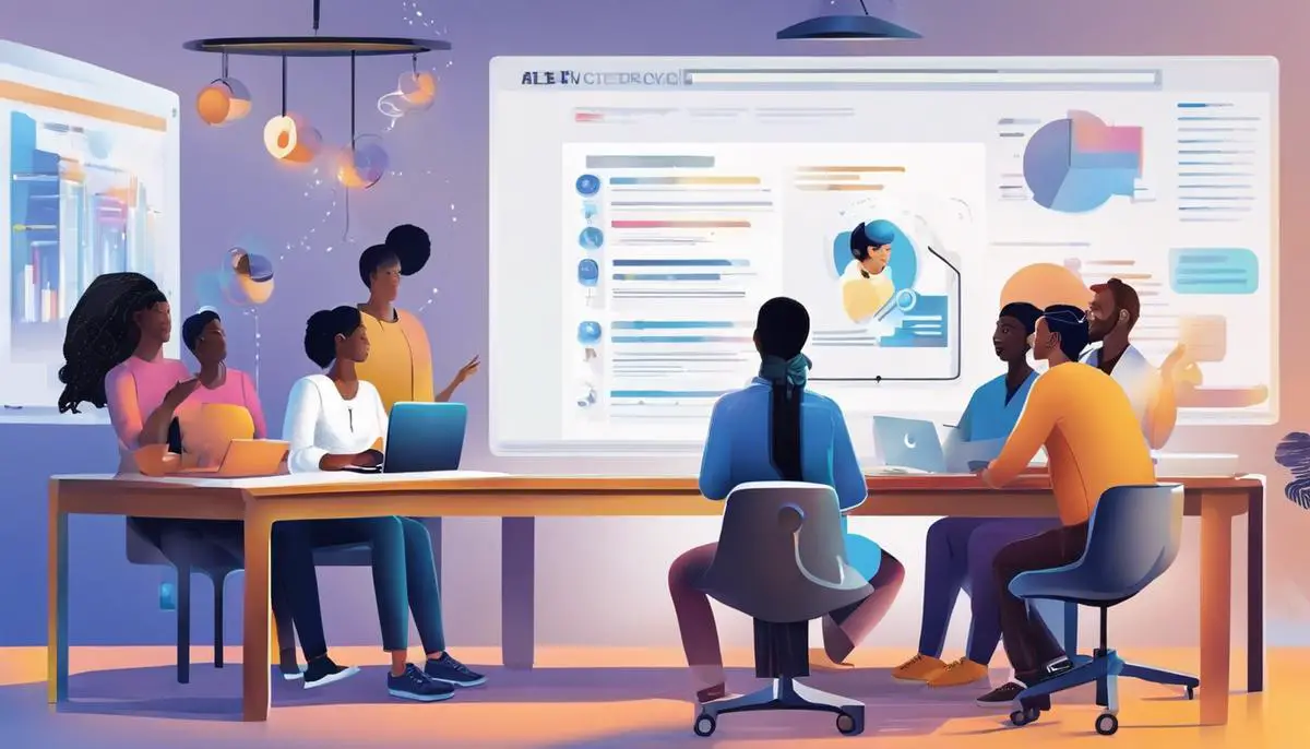 Illustration depicting people of diverse backgrounds engaging with artificial intelligence technology for inclusive democratization.