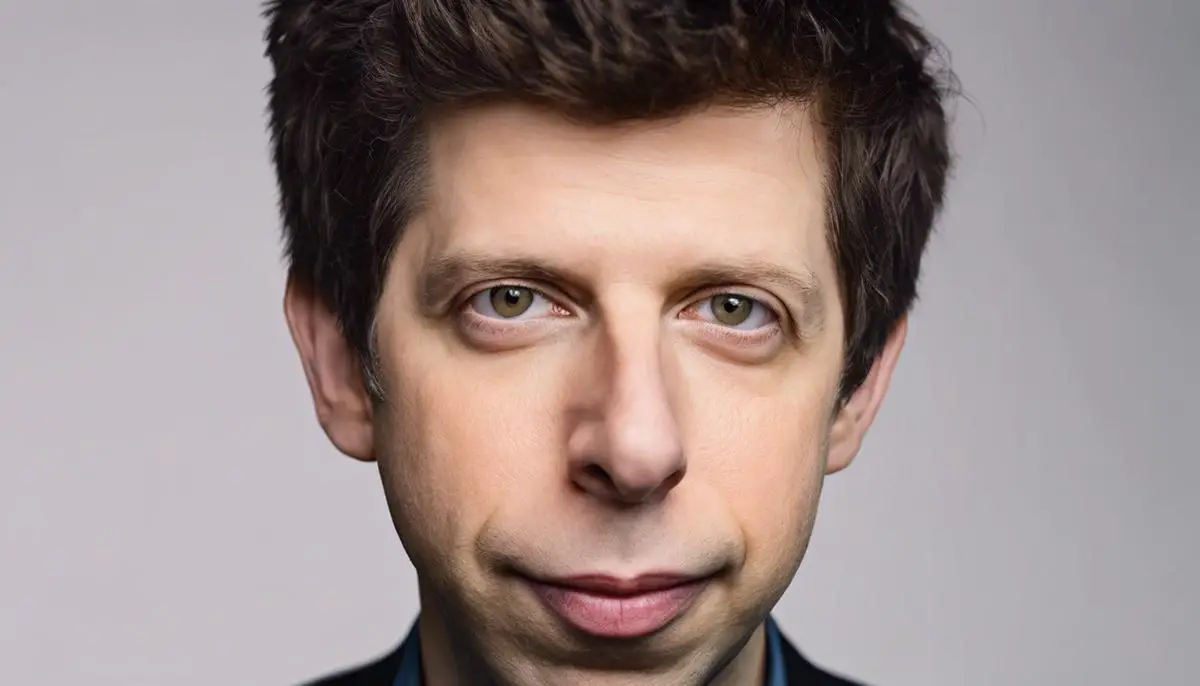 Image of Sam Altman, visually impaired description: Close-up portrait of Sam Altman, former CEO of OpenAI, with a serious expression on his face.