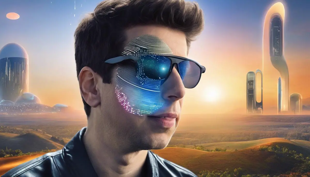 An image of Sam Altman and the OpenAI logo behind him, representing the story of Sam Altman and OpenAI, highlighting their journey in the field of technology and artificial intelligence.