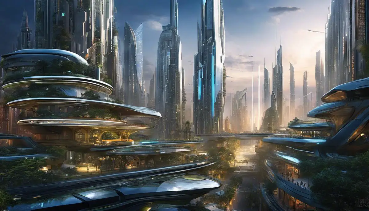 A digital futuristic cityscape symbolizing the merging of technology and human ingenuity.