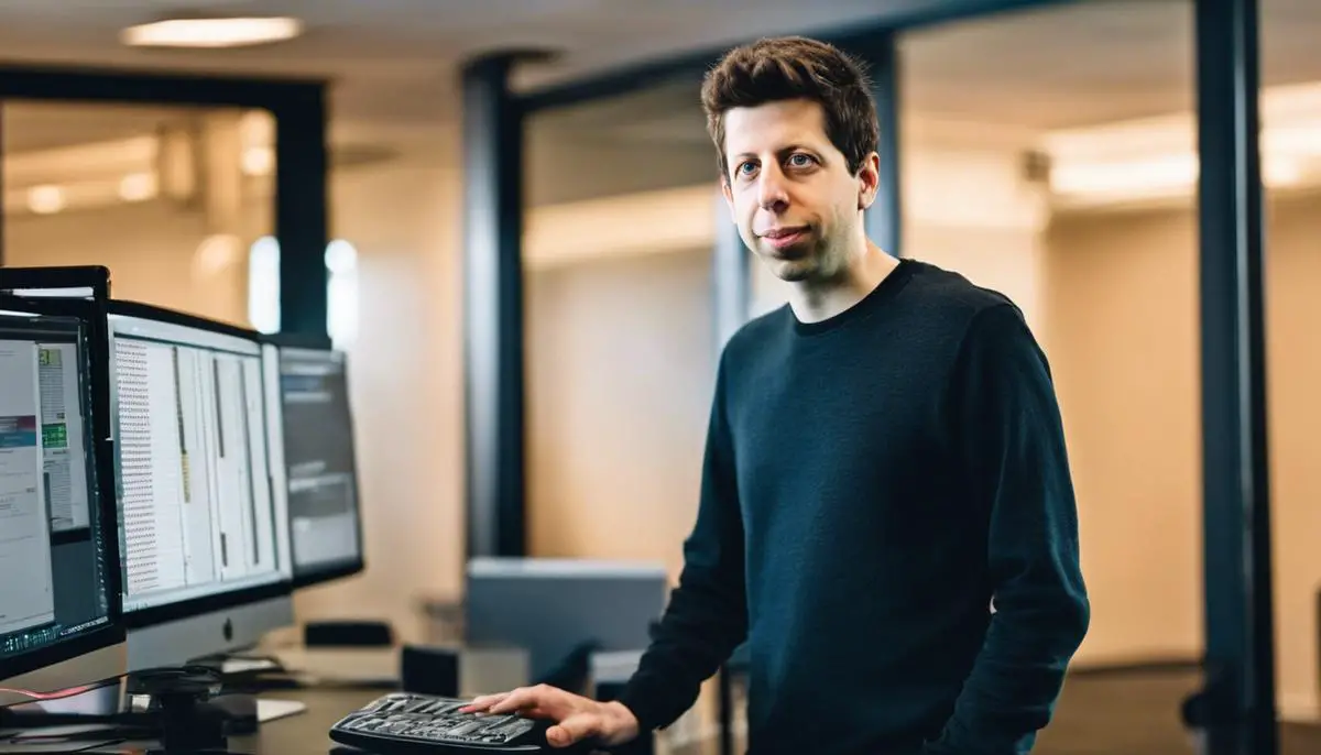 A picture of Sam Altman, a tech innovator, standing in front of a computer with a determined look.